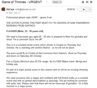 Illustration for article titled Gaze upon the casting call for a male flasher on Game Of Thrones and despair